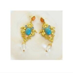 Gold Seahorse Baroque Statement Turquoise Crystal Shell Earrings
